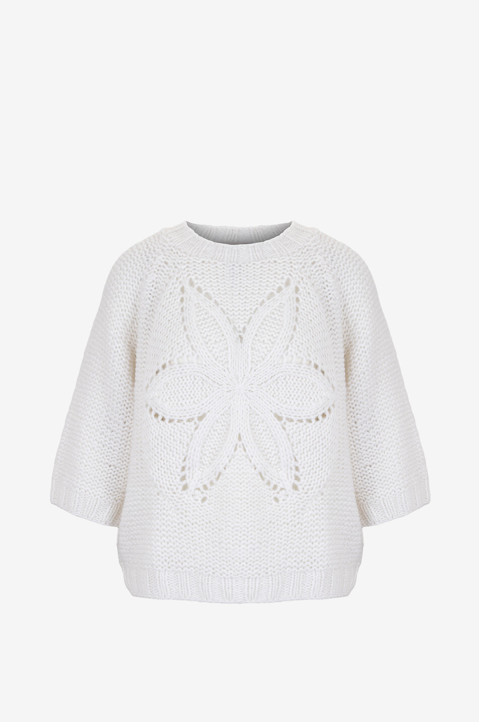 Kaschmirmix-Rundhalspullover mit Lochstrick-Blüte