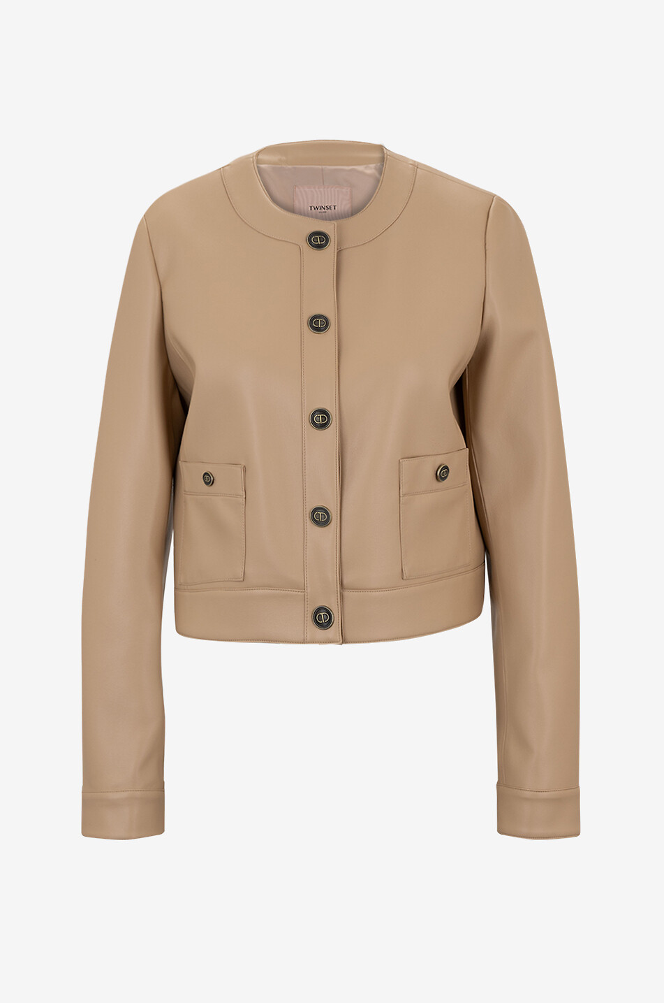 Veste courte à col rond en cuir nappa synthétique