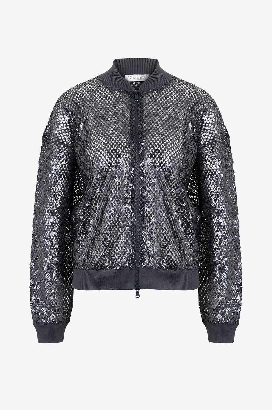 Fishnet knit sequin-adorned bomber-jacket
