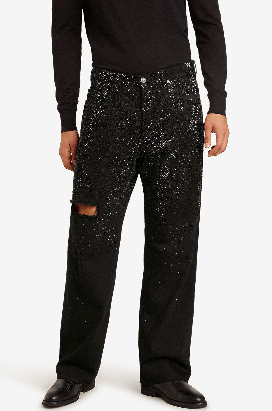 GOLDEN GOOSE Jean baggy déchiré à strass Skate Homme NOIR 2