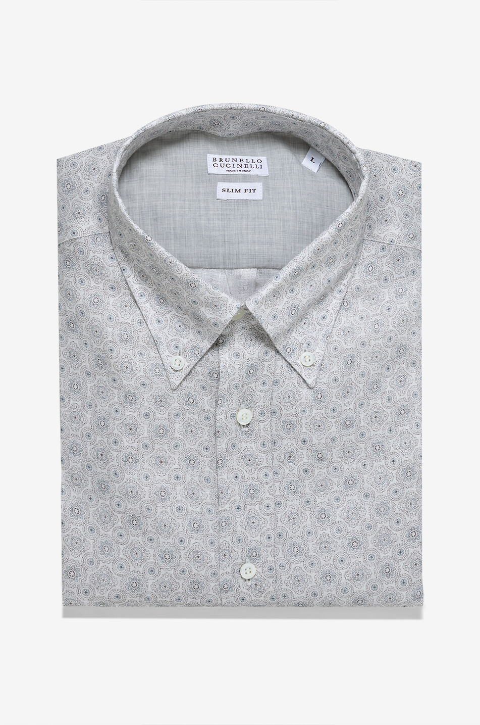 BRUNELLO CUCINELLI Medallion print linen slim fit shirt with button-down collar Men LIGHT BROWN 1
