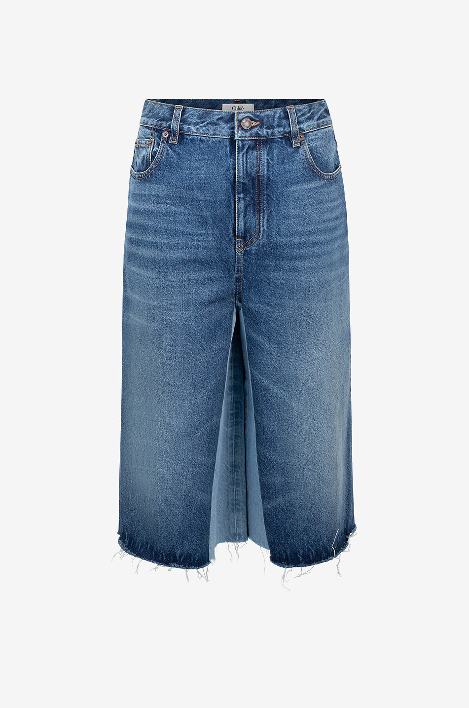 Jupe-culotte effilochée en patchwork de denim