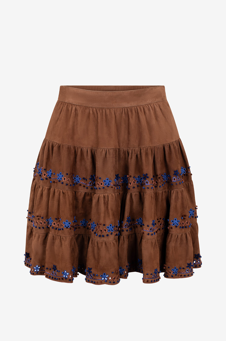 Embroidered denim mini tiered-flounced skirt