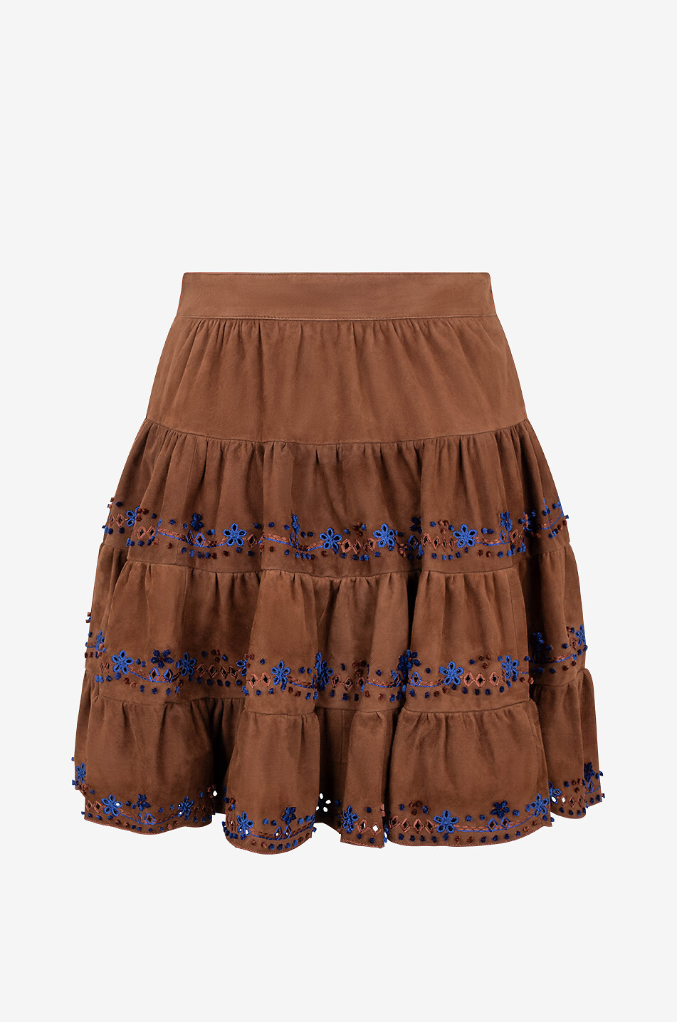 Embroidered denim mini tiered-flounced skirt