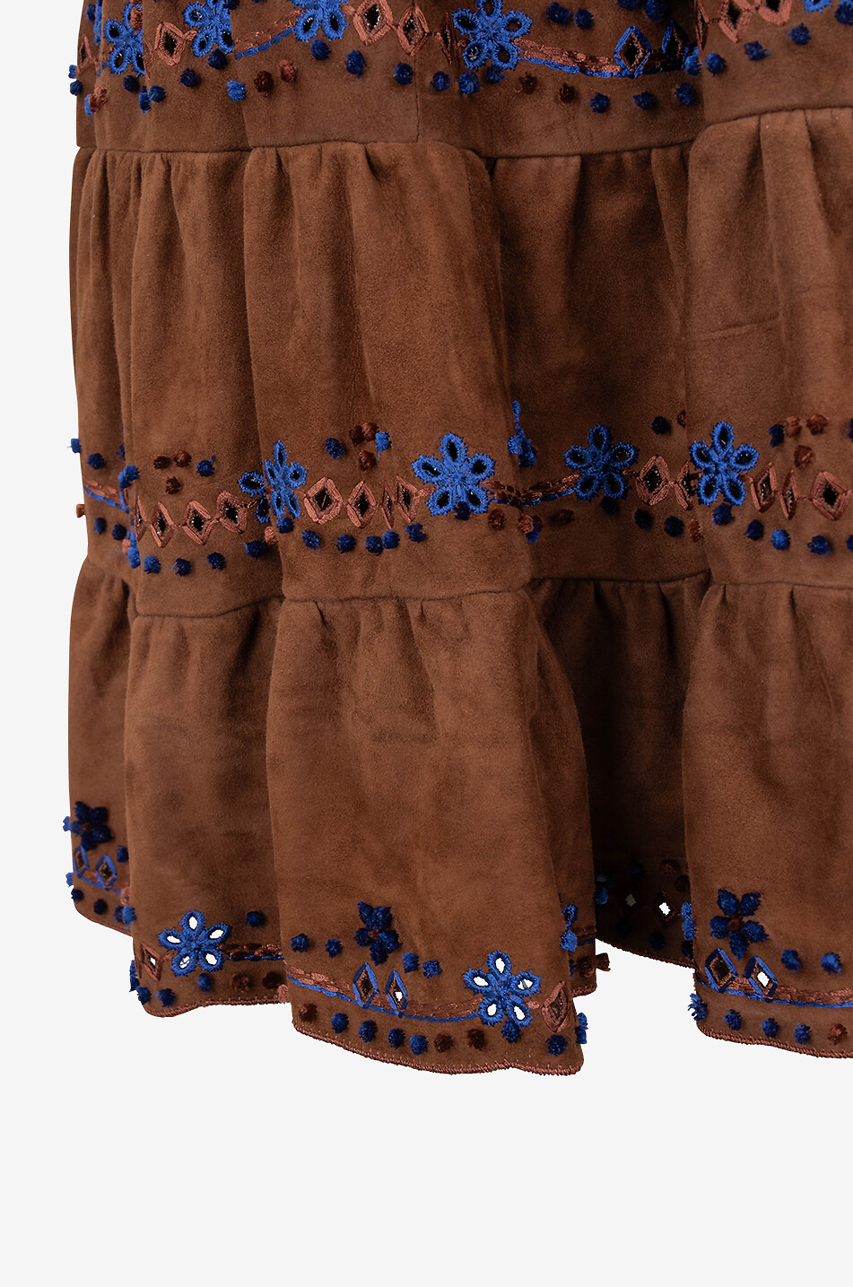 Embroidered denim mini tiered-flounced skirt