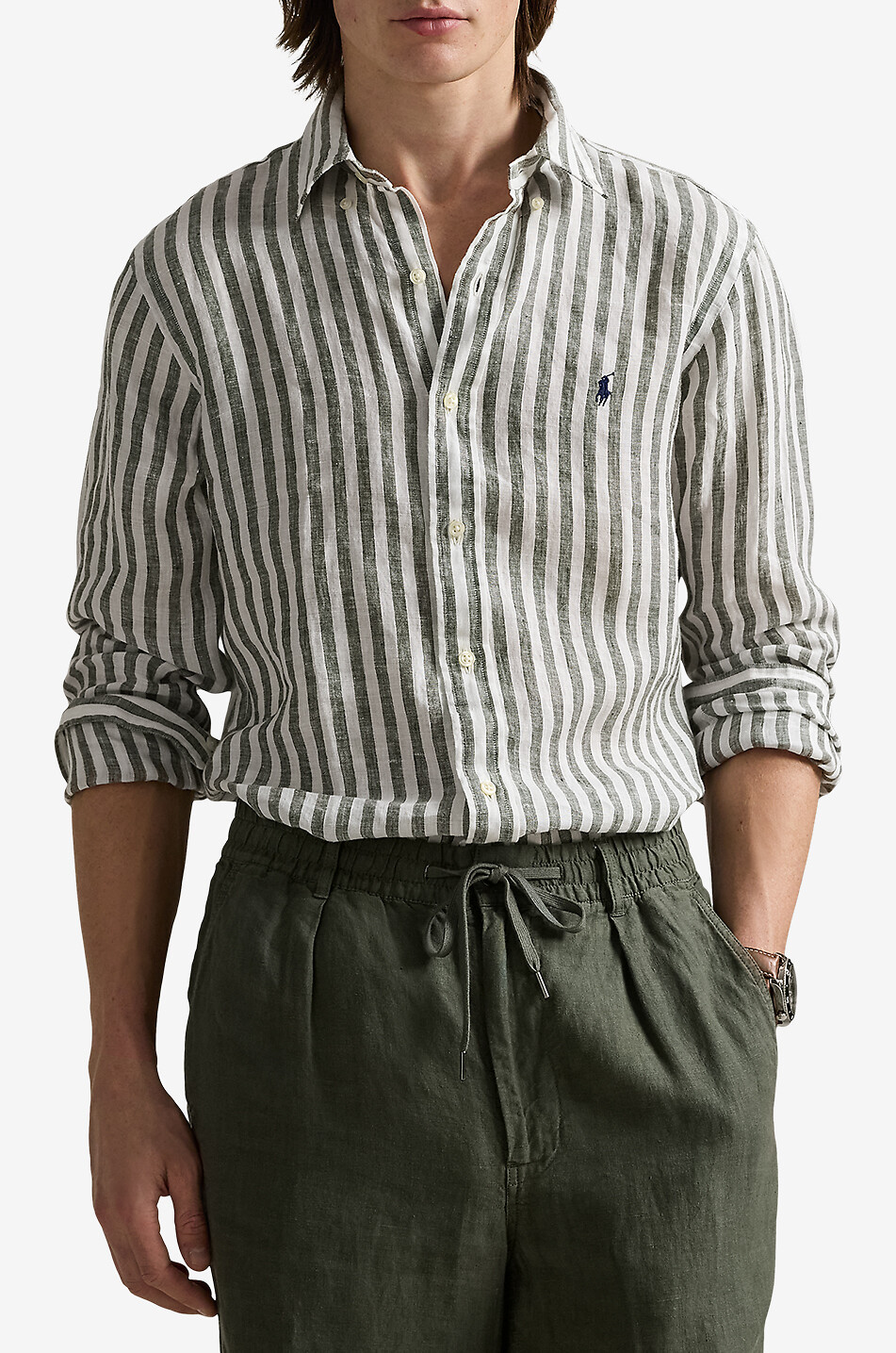 POLO RALPH LAUREN Custom fit striped long-sleeved linen shirt Men KHAKI 2