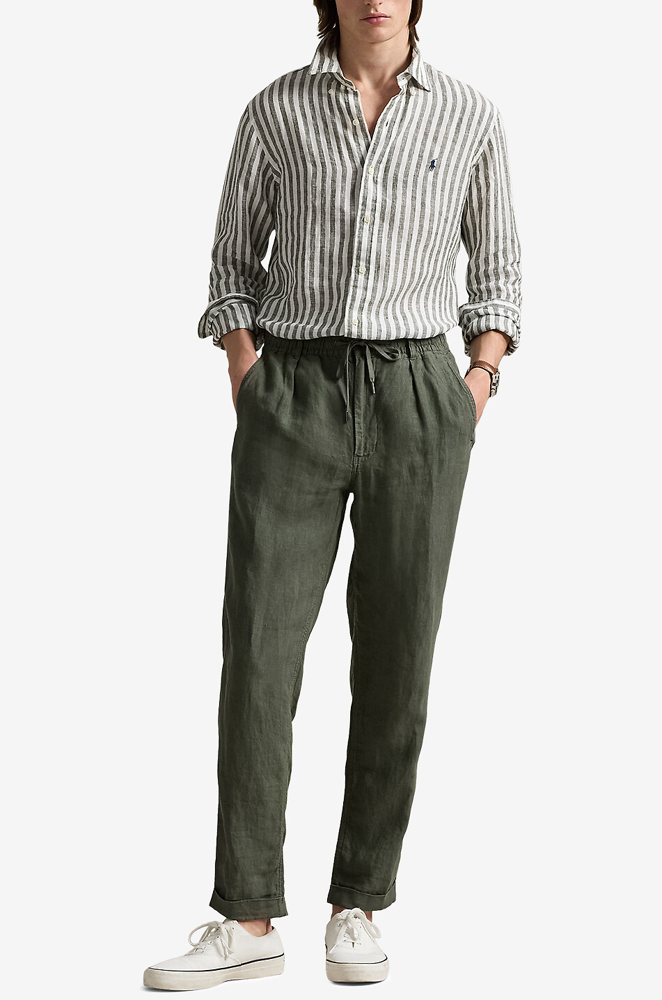 POLO RALPH LAUREN Custom fit striped long-sleeved linen shirt Men KHAKI 4