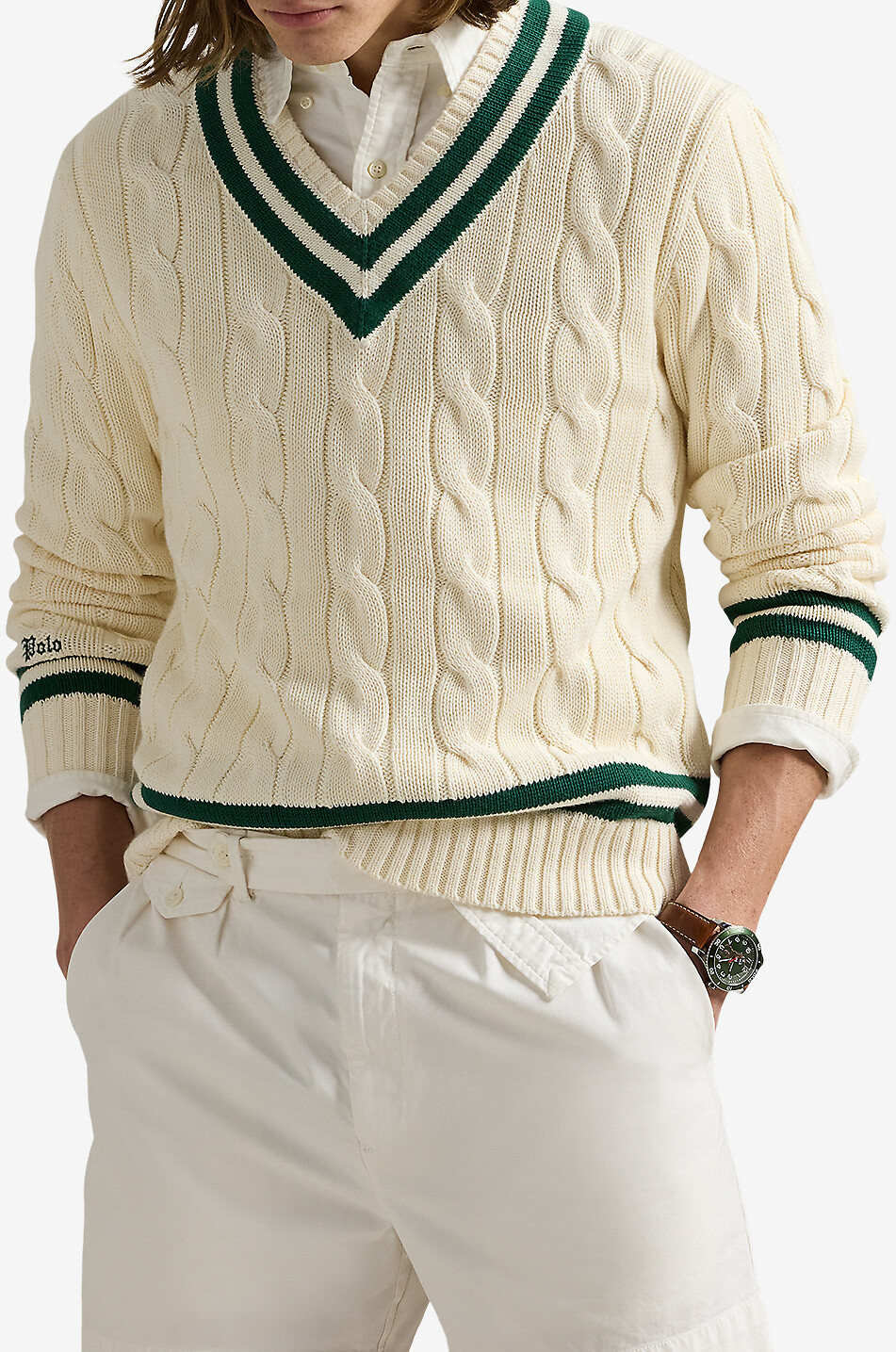 POLO RALPH LAUREN Pull torsadé en coton à col V The Iconic Cricket Homme BLANC CASSE 2