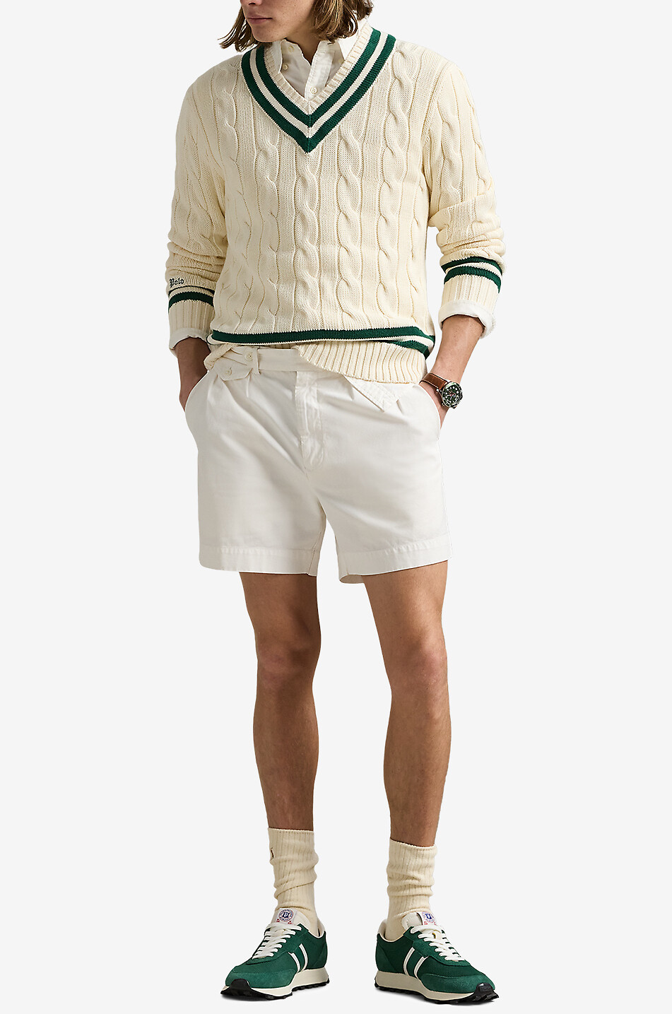 POLO RALPH LAUREN Pull torsadé en coton à col V The Iconic Cricket Homme BLANC CASSE 4