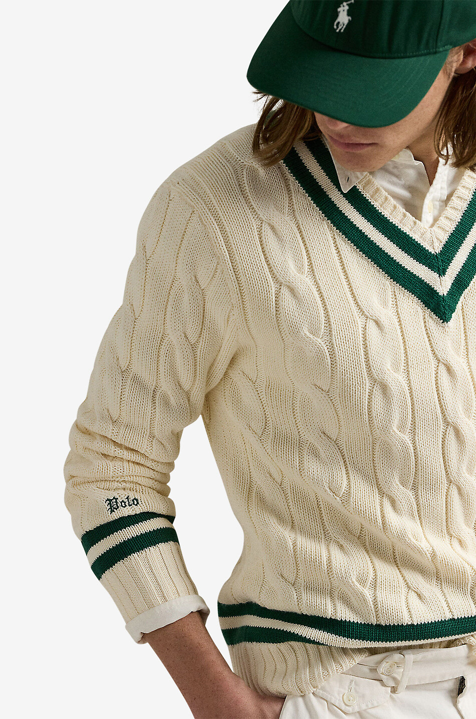 POLO RALPH LAUREN Pull torsadé en coton à col V The Iconic Cricket Homme BLANC CASSE 5