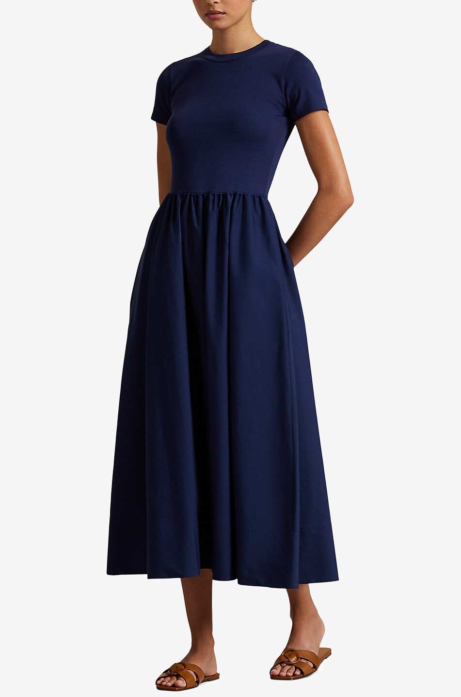 POLO RALPH LAUREN Long bi-material short-sleeved dress Women DARK BLUE 2