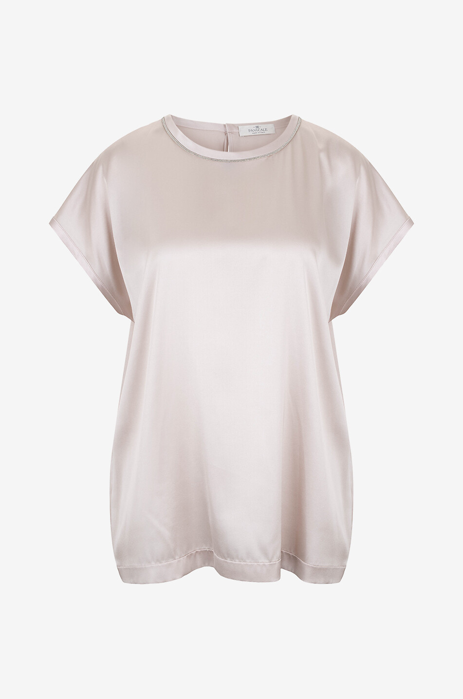 Top en satin de soie à manches courtes brodé perles