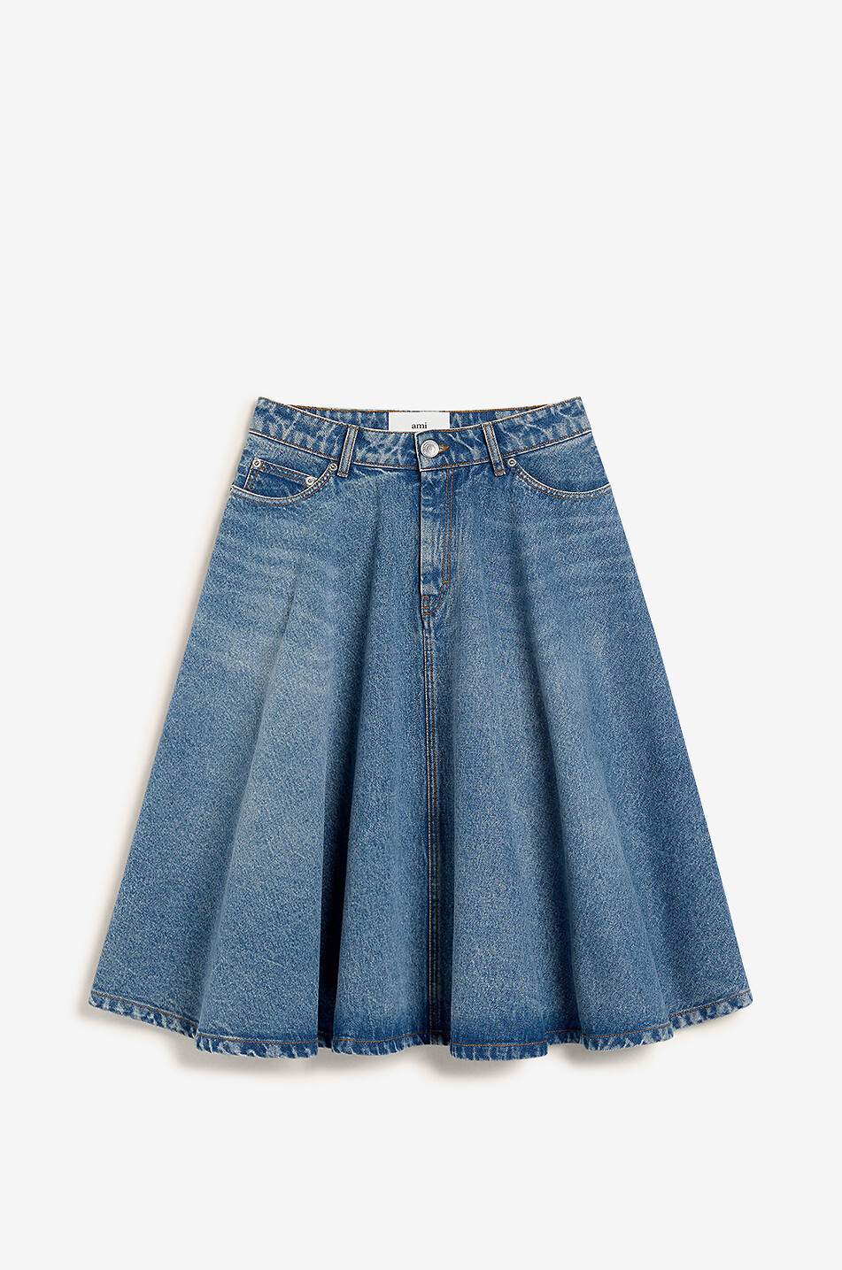 Godet pleat flared denim midi skirt
