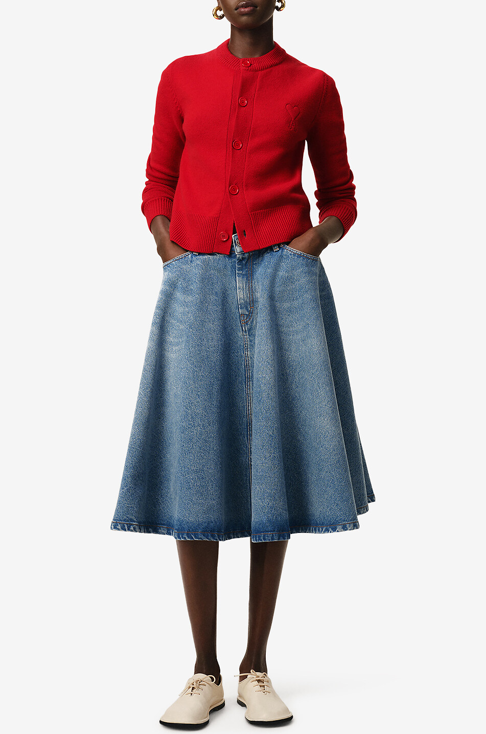AMI Godet pleat flared denim midi skirt Women BLUE 2