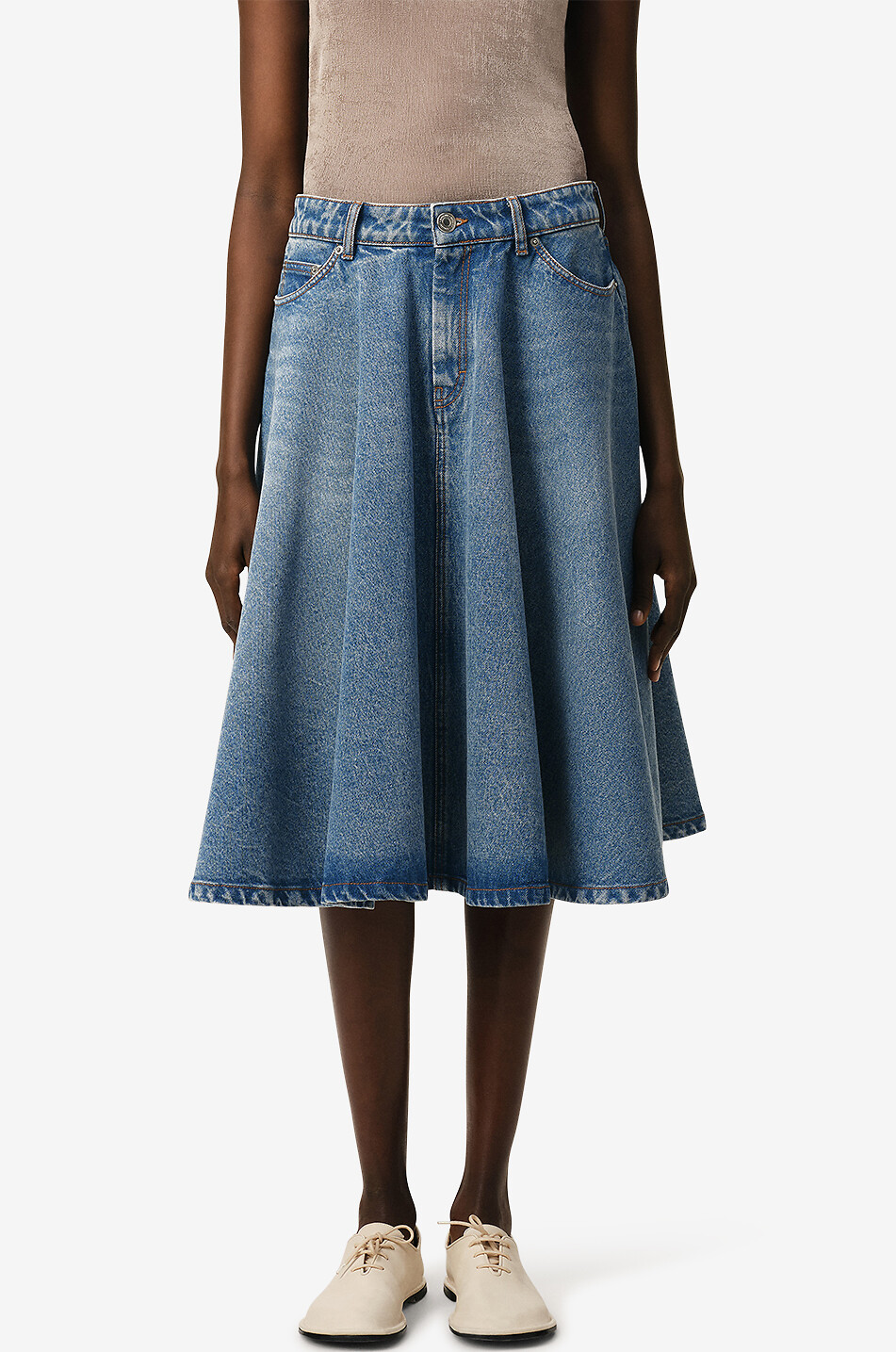 AMI Godet pleat flared denim midi skirt Women BLUE 5