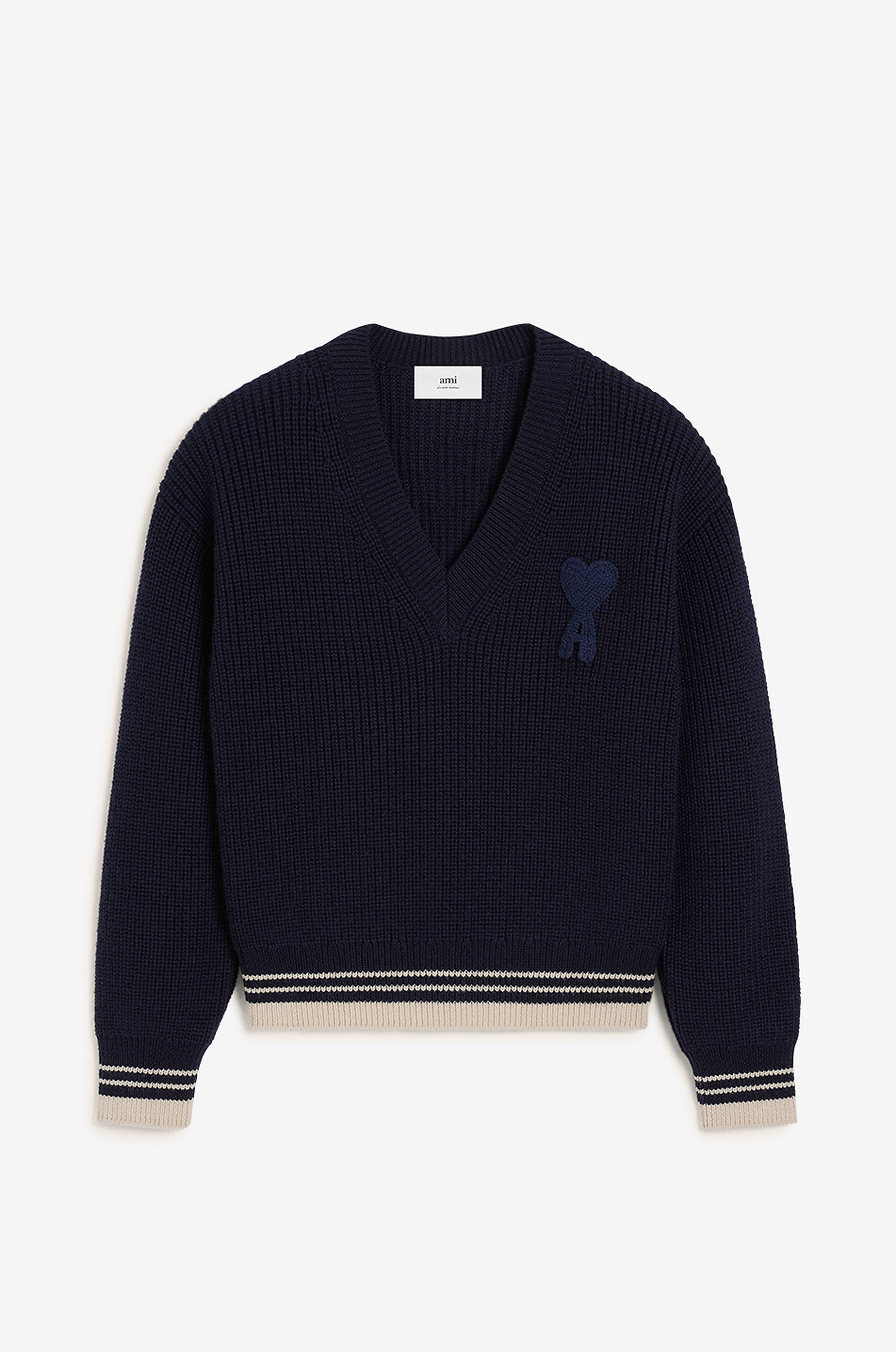 AMI Pull à col en V en laine Ami De Coeur Homme BLEU FONCE 1