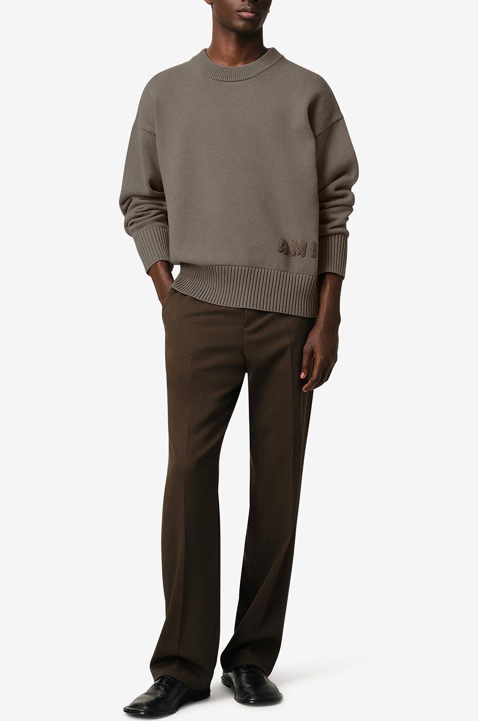 AMI Pull à col rond en coton et laine AMI Homme BEIGE 2