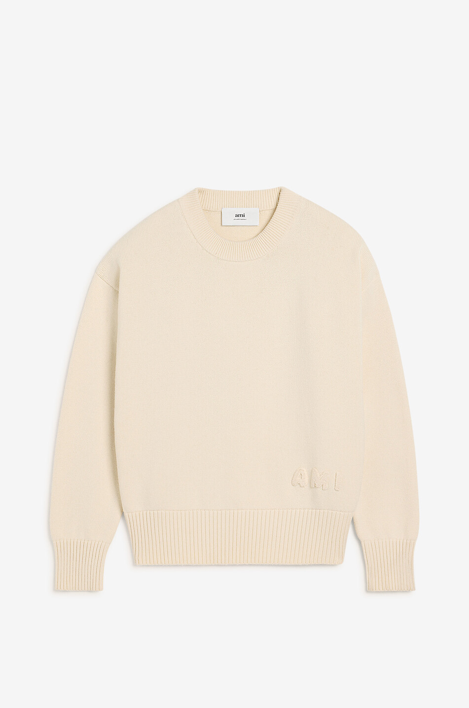 AMI Pull à col rond en coton et laine AMI Homme BLANC CASSE 1