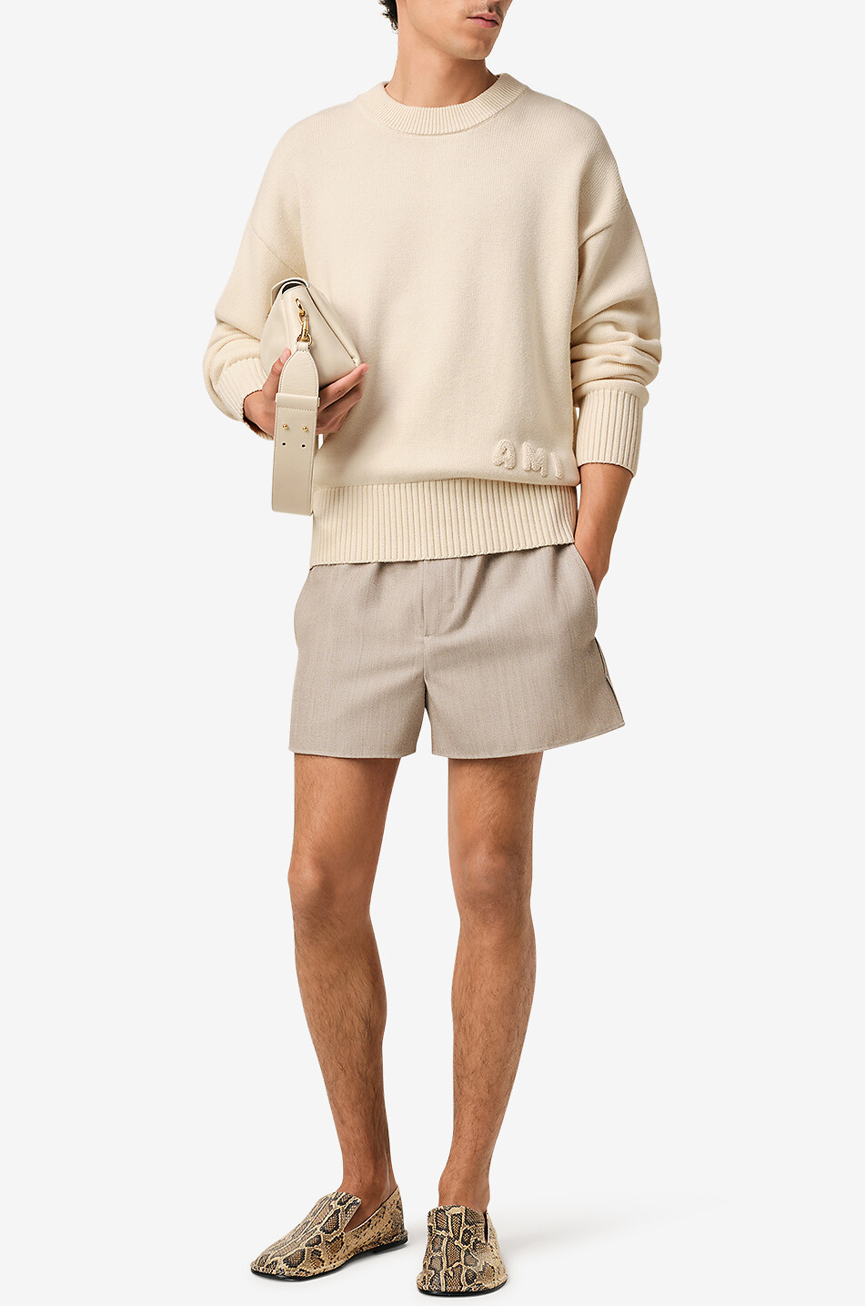 AMI Pull à col rond en coton et laine AMI Homme BLANC CASSE 5