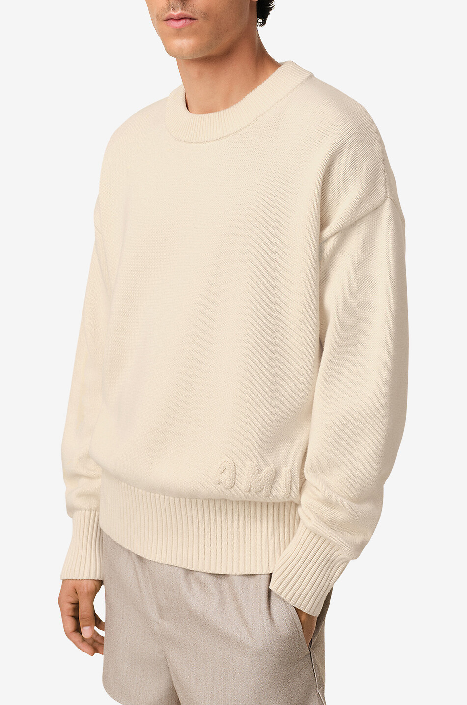 AMI Pull à col rond en coton et laine AMI Homme BLANC CASSE 3
