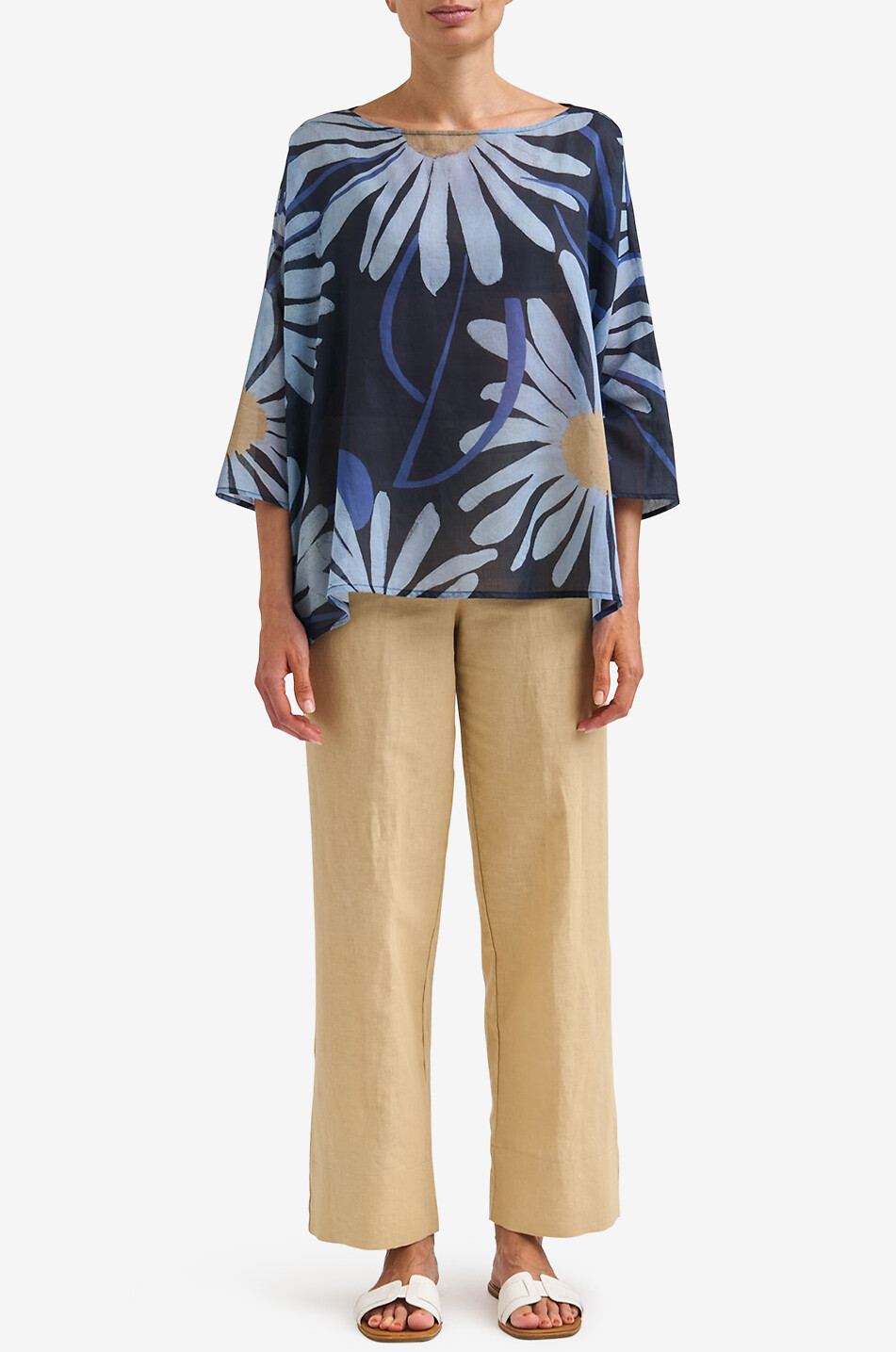 YC MILANO Top en voile de coton fleuri à manches trois-quarts Femme BLEU FONCE 3