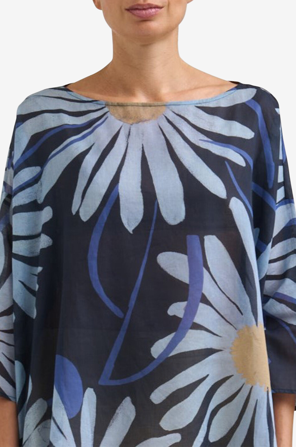 YC MILANO Top en voile de coton fleuri à manches trois-quarts Femme BLEU FONCE 5