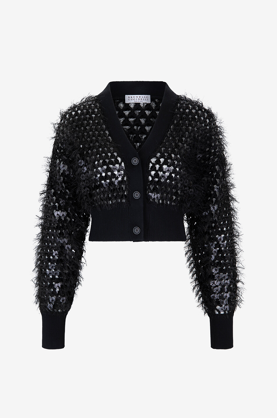 Sparkling cropped openwork feathery cardigan