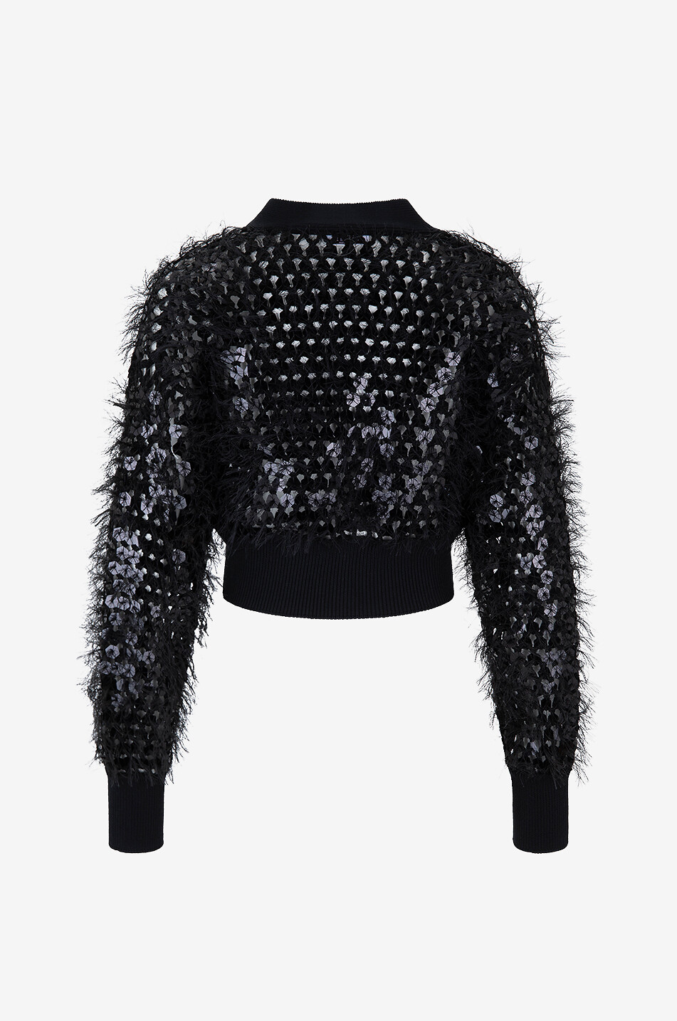 Sparkling cropped openwork feathery cardigan