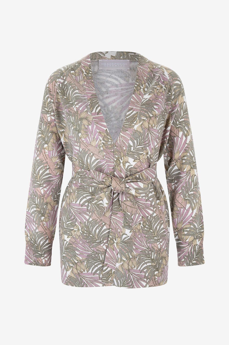Cardigan aus Kaschmir mit Blattprint und Gürtel