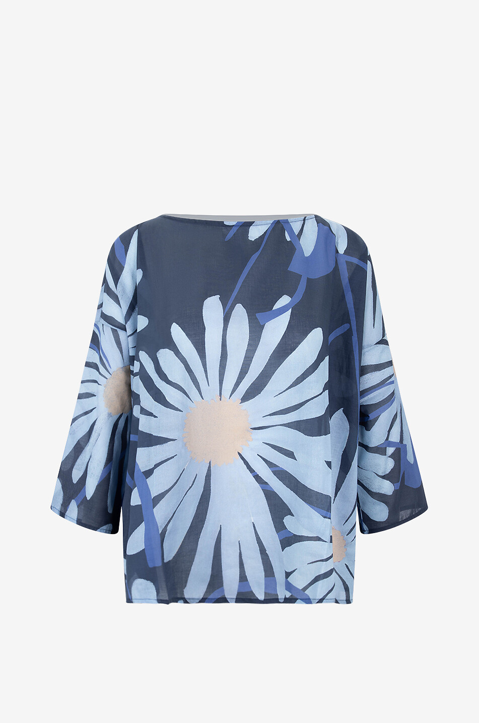 Top en voile de coton fleuri à manches trois-quarts