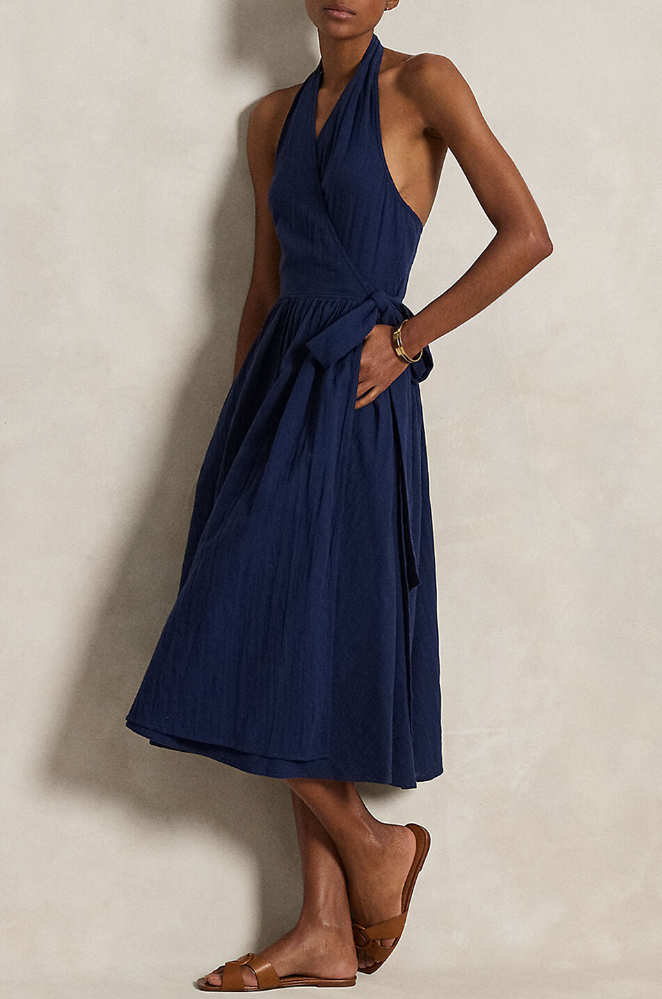 POLO RALPH LAUREN Cotton gauze halter-neck wrap dress Women DARK BLUE 3