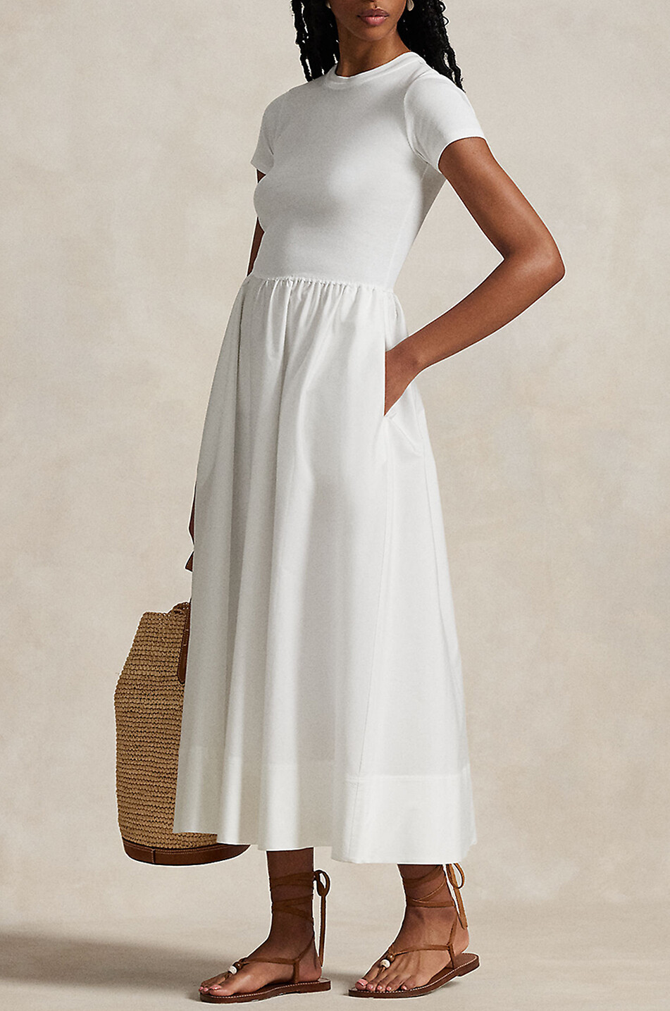 POLO RALPH LAUREN Robe longue bi-matière à manches courtes Femme BLANC 3