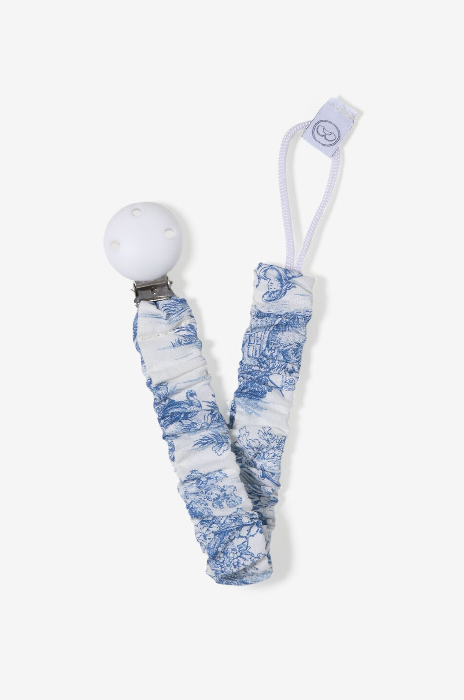 Attache-tétine en coton imprimé toile de Jouy Romy