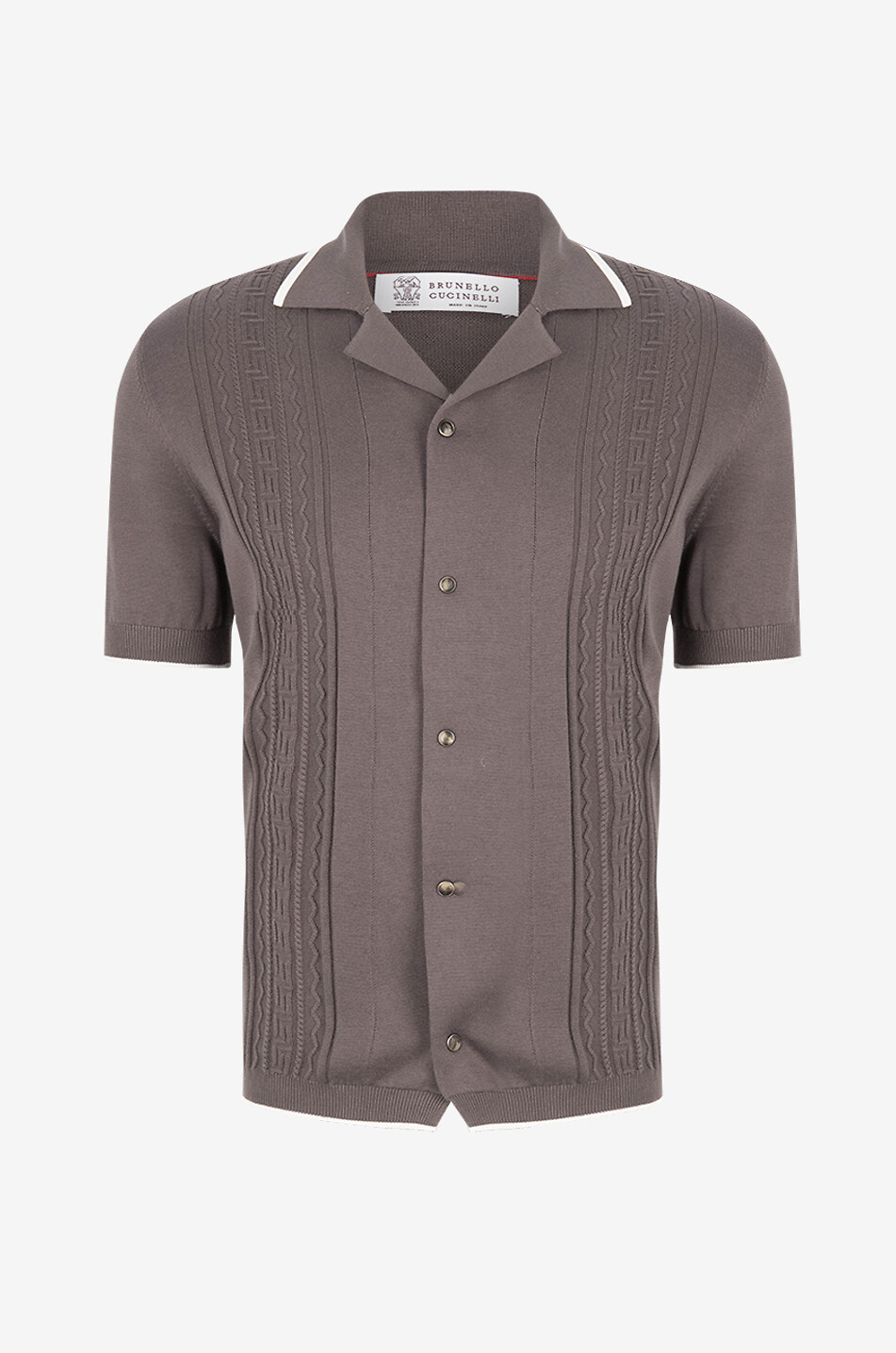 BRUNELLO CUCINELLI Geometric knit short-sleeved shirt Men DARK BROWN 1