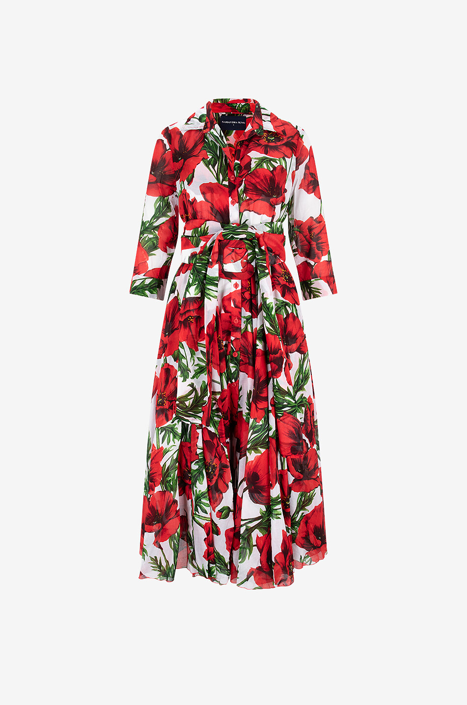 SAMANTHA SUNG Robe midi en coton imprimée coquelicot Aster Femme ROUGE 1