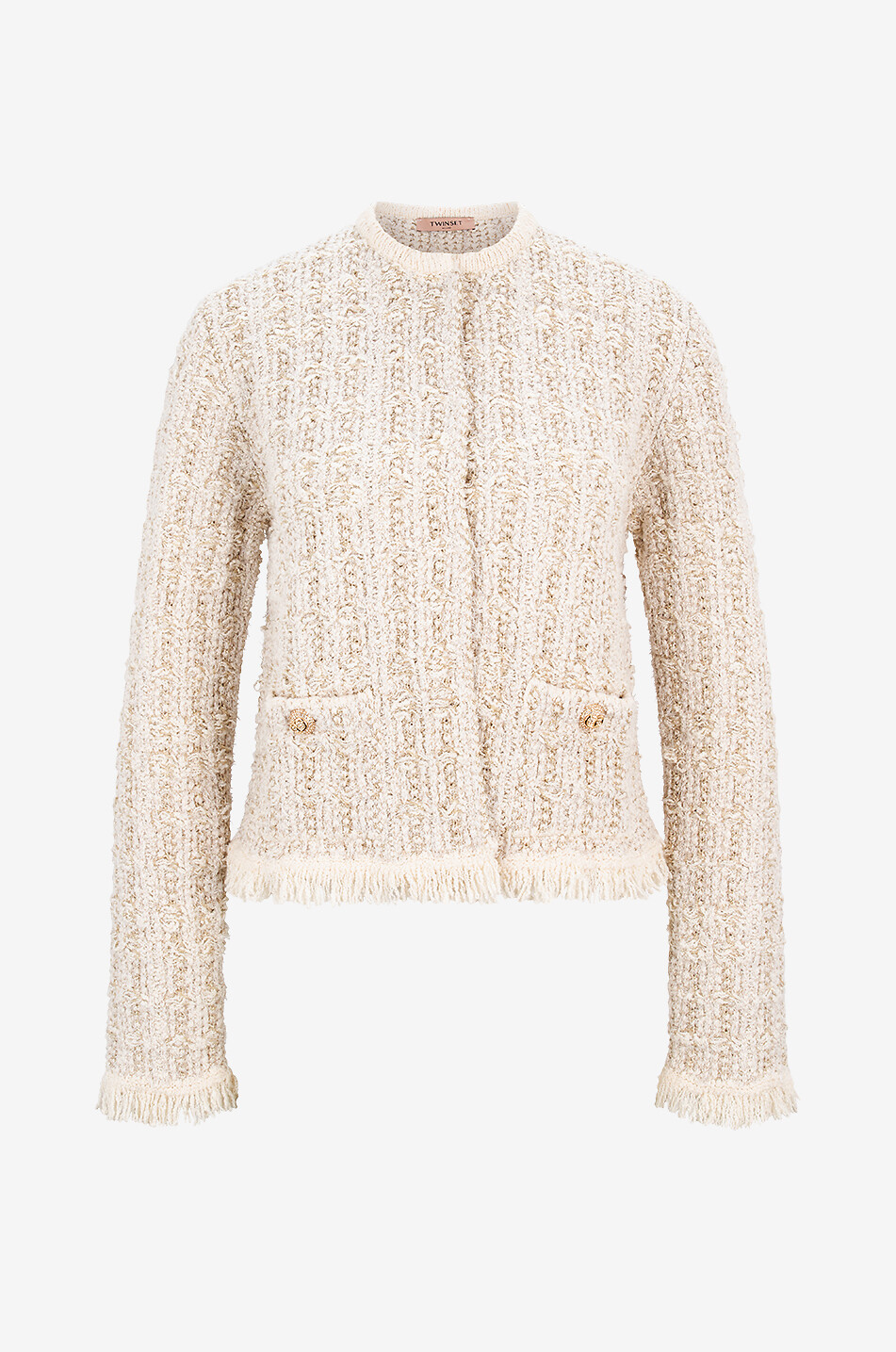 Veste tailleur en tweed bouclette à franges