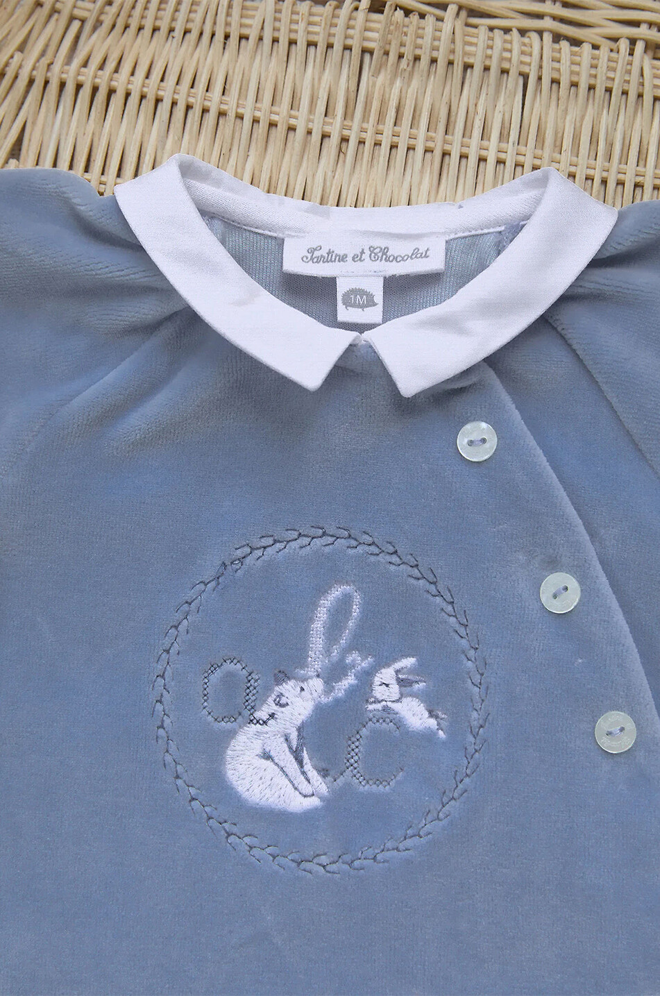 TARTINE ET CHOCOLAT Grenouillère bébé en velours brodée ours et lapin Bébé BLEU 2