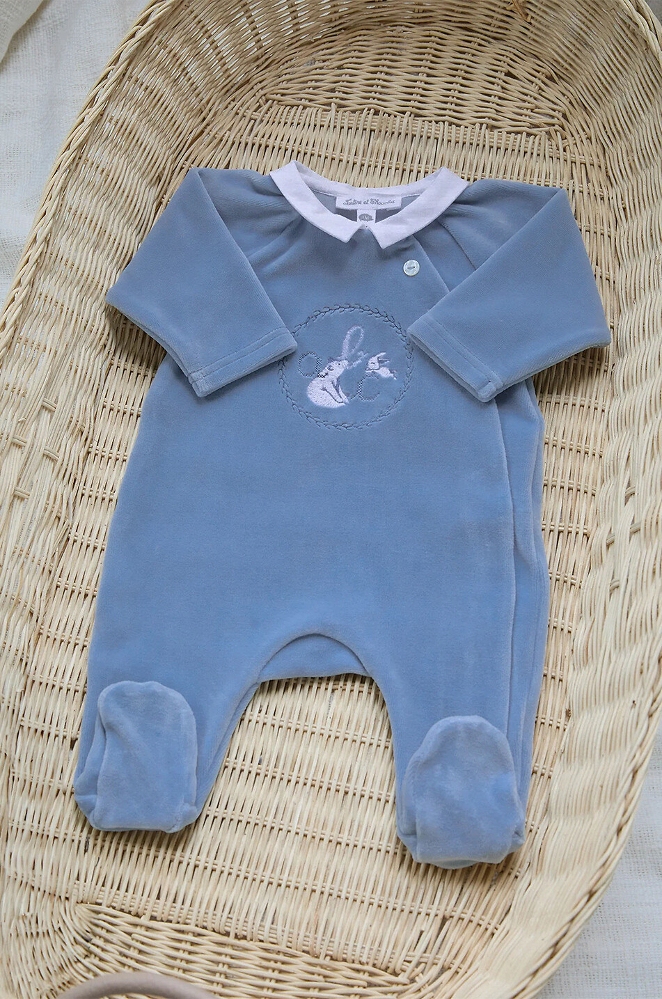 TARTINE ET CHOCOLAT Grenouillère bébé en velours brodée ours et lapin Bébé BLEU 3