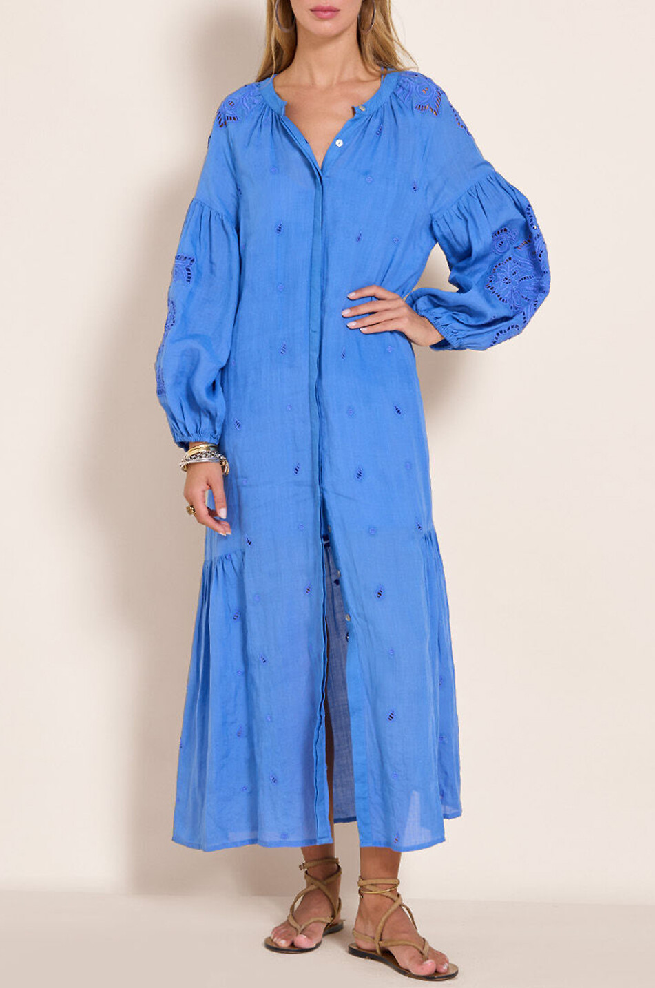 SCARLETT POPPIES Liwa embroidered loose ramie midi dress Women BLUE 4