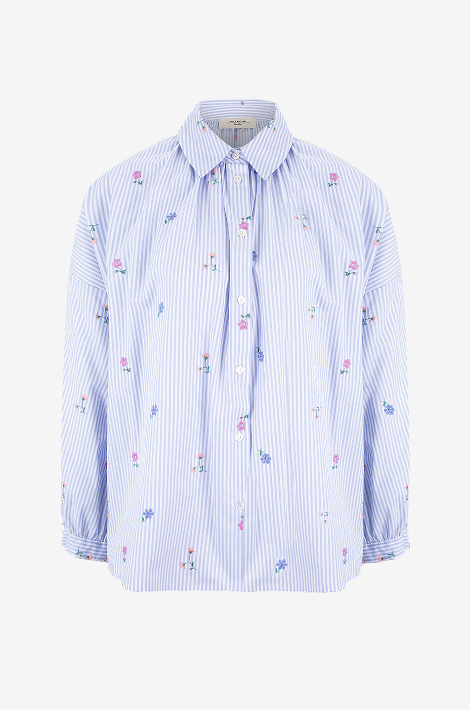 Gilly striped flower embroidered gathered linen shirt