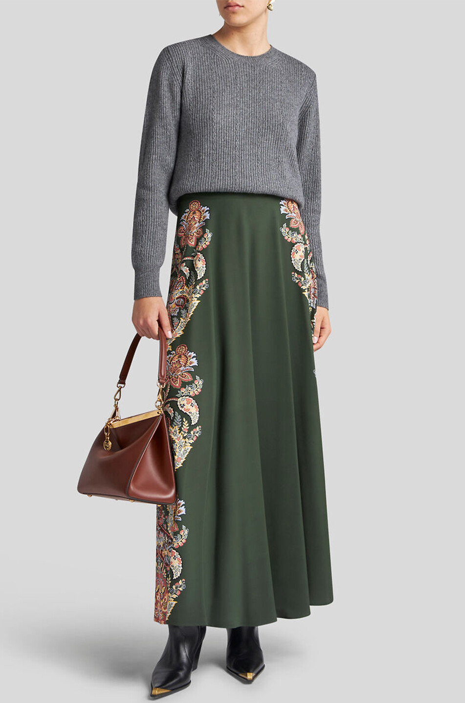 Ausgestellter langer Seidenrock mit floralem Paisley-Print