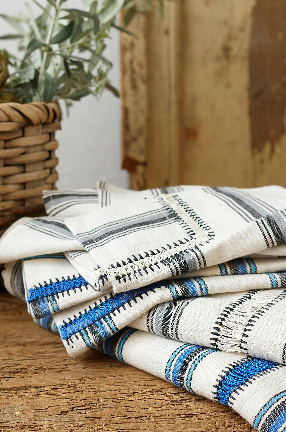 NADIA DAFRI Cizgili Methap rectangular linen and cotton tablecloth Home BLUE 3