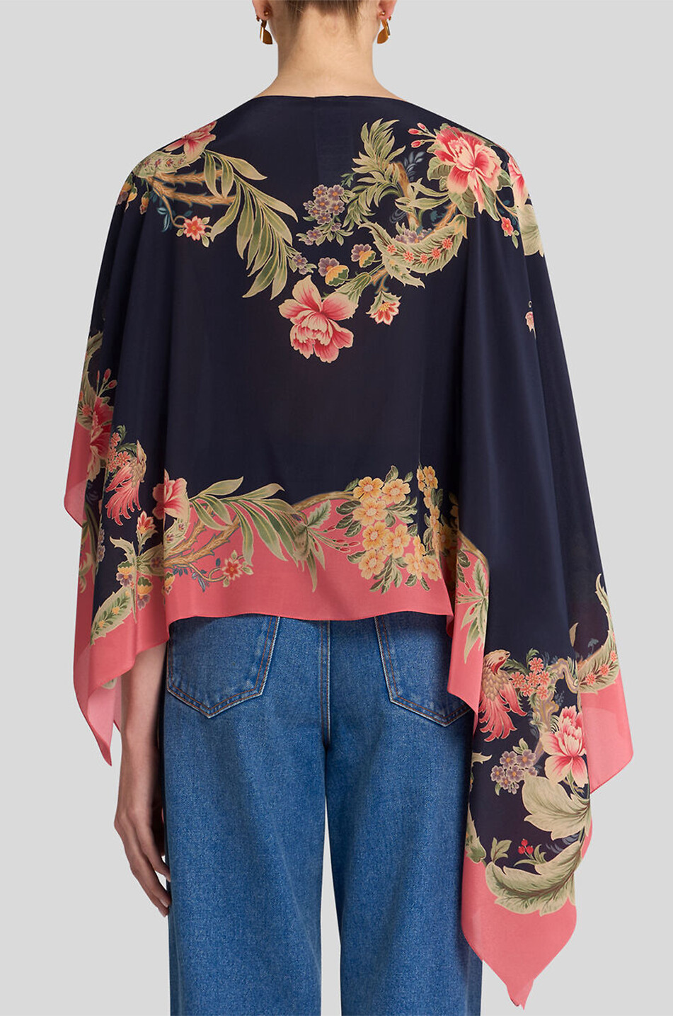 Poncho asymétrique en soie imprimé fleurs