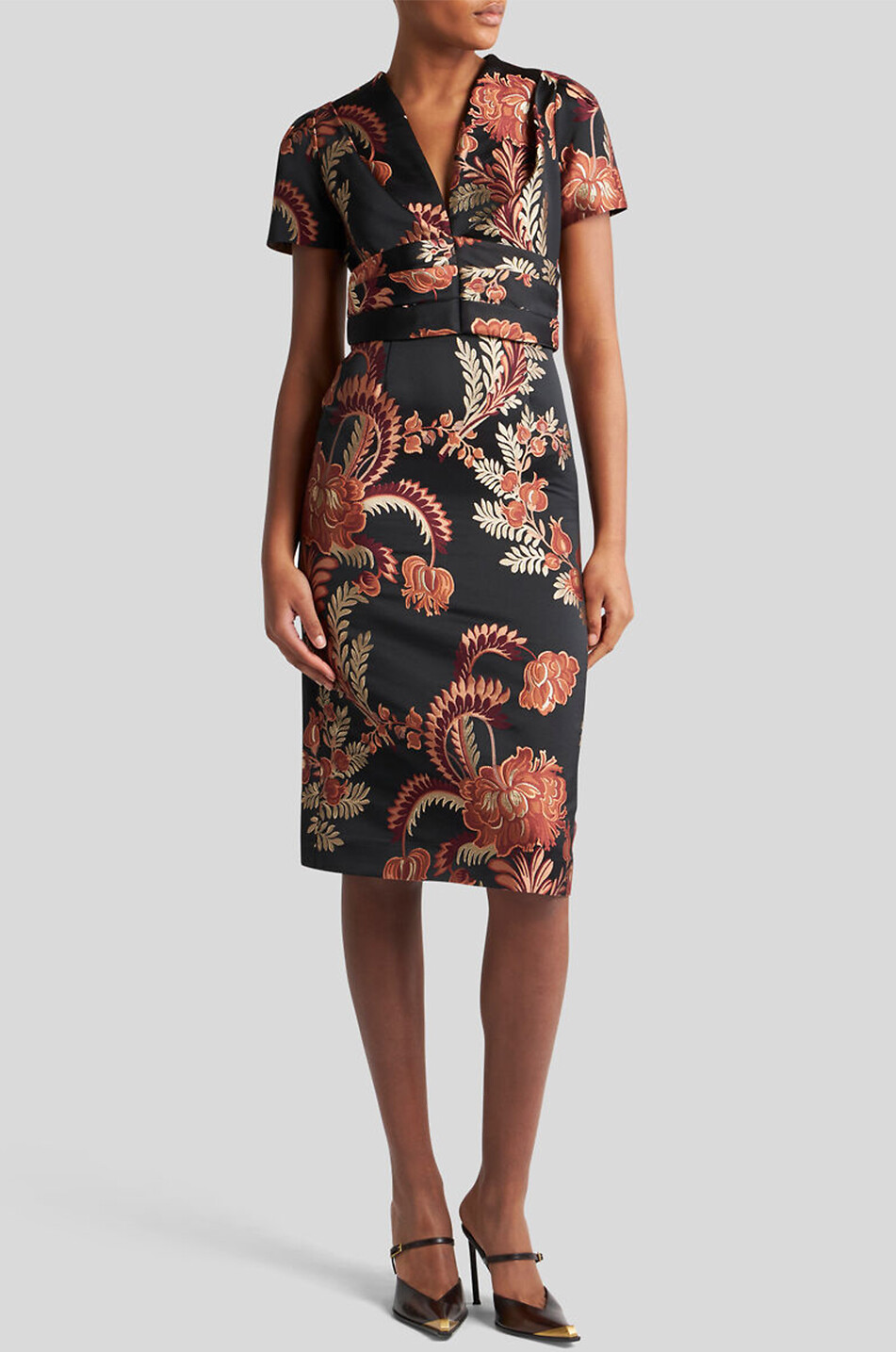 Robe midi ajustée en jacquard feuillage fleuri