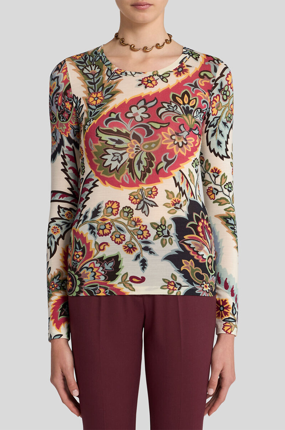Top ajusté à manches longues en jersey de laine Floral Paisley