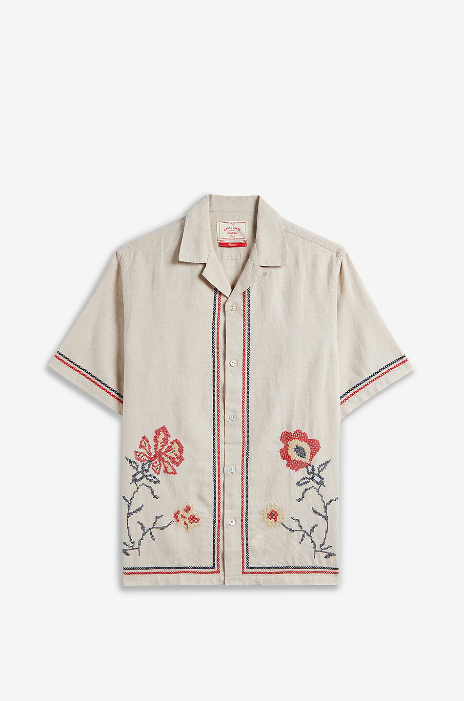 PORTUGUESE FLANNEL Cross Stitch short-sleeved linen blend shirt Men BEIGE 1