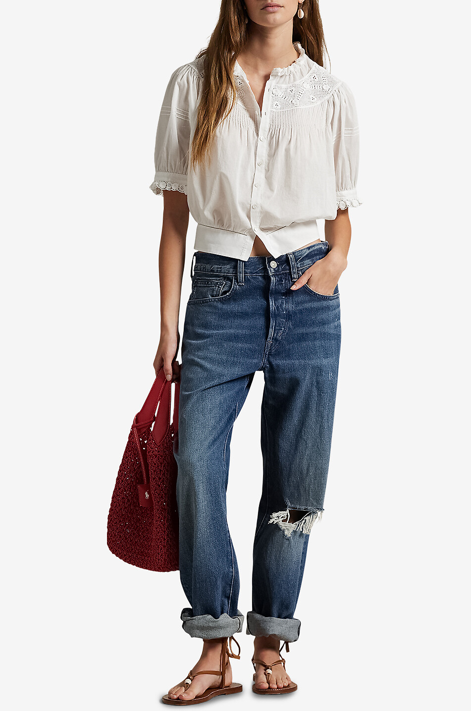 POLO RALPH LAUREN Top bouffant en voile et dentelle Femme BLANC 4