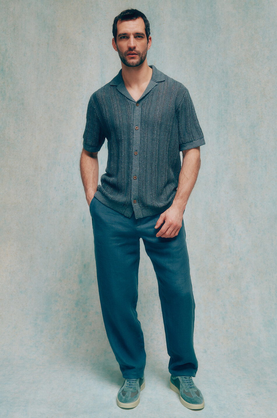 VINCE Lochstrick-Kurzarm-Hemd Cabana Herren MITTELBLAU 3