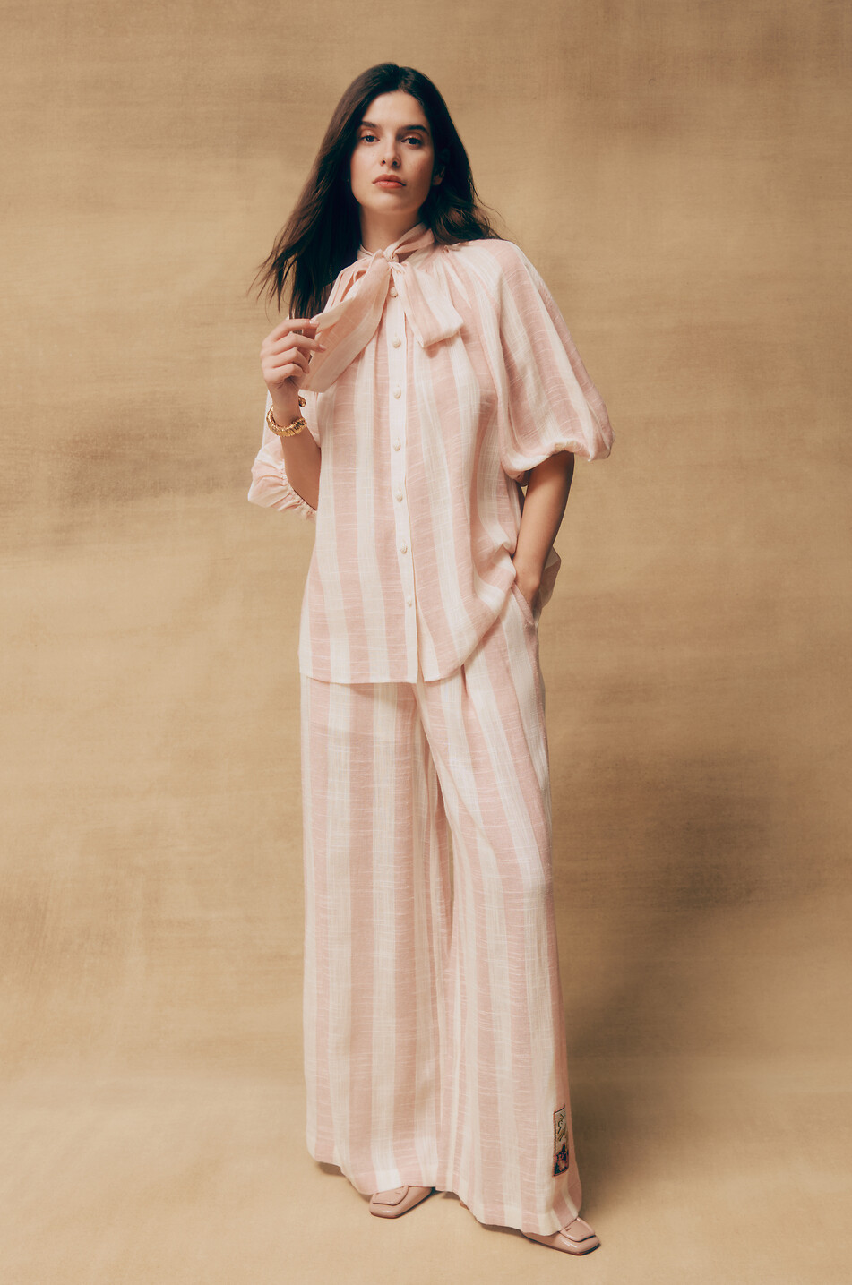 ZIMMERMANN Acacia striped viscose and linen blend wide-leg trousers Women PINK 3