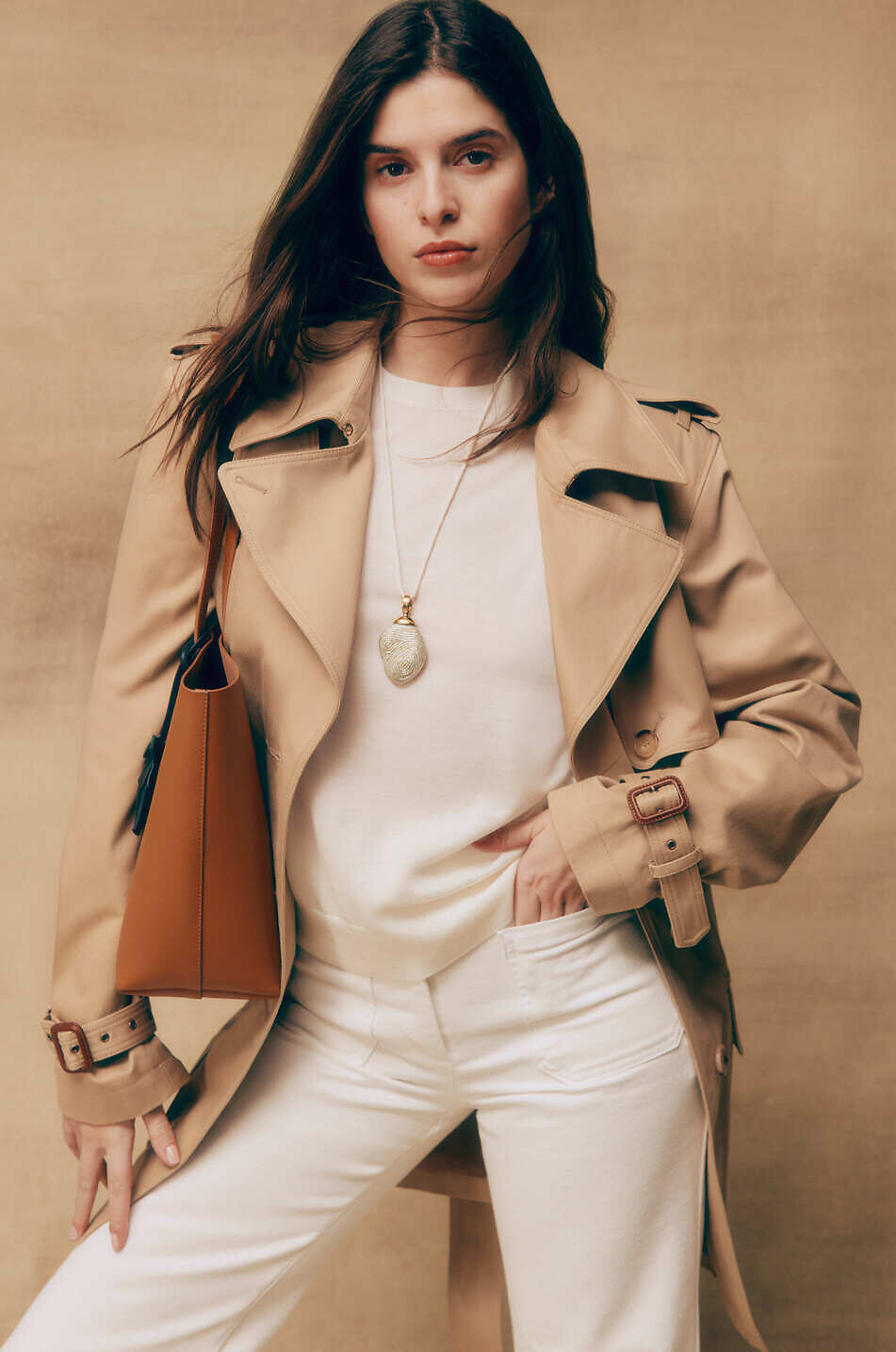 Short cotton satin trench coat